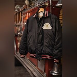 Vintage 80s Gem Sportswear Fire Dept Satin Jacket Deputy Chief 593 USA Black L